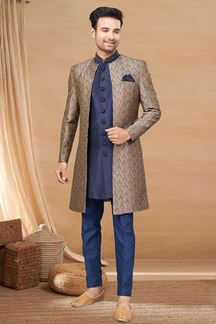 Picture of Fashionable Navy Blue Colored Designer Indo-Western Readymade Sherwani