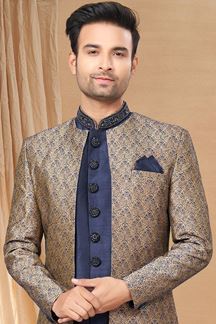 Picture of Fashionable Navy Blue Colored Designer Indo-Western Readymade Sherwani