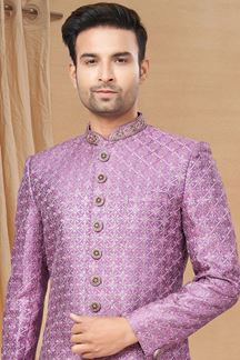 Picture of Mesmerizing Purple and Off-White Colored Designer Indo-Western Readymade Sherwani