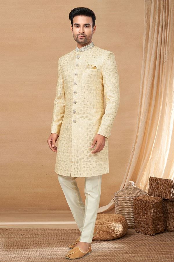 Picture of Dazzling Light Gold Colored Designer Indo-Western Readymade Sherwani