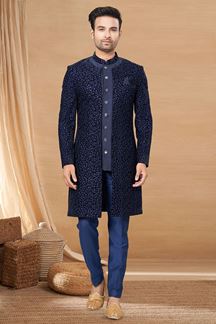 Picture of Royal Navy Blue Colored Designer Indo-Western Readymade Sherwani