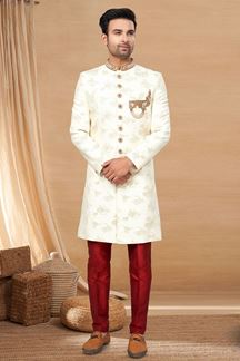 Picture of Bollywood Cream and Maroon Colored Designer Indo-Western Readymade Sherwani