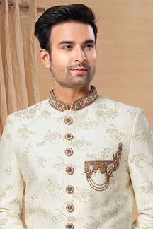 Picture of Bollywood Cream and Maroon Colored Designer Indo-Western Readymade Sherwani