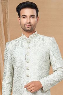 Picture of Fascinating Light Green and Off-White Colored Designer Indo-Western Readymade Sherwani