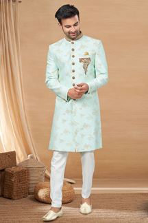 Picture of Outstanding Sea Green and Off-White and Maroon Colored Designer Indo-Western Readymade Sherwani