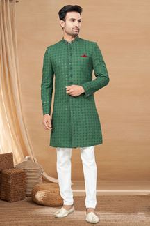 Picture of Splendid Green and Off-White Colored Designer Indo-Western Readymade Sherwani