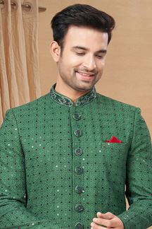 Picture of Splendid Green and Off-White Colored Designer Indo-Western Readymade Sherwani