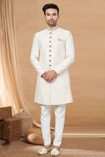 Picture of Spectacular Cream and Off-White Colored Designer Indo-Western Readymade Sherwani