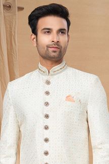 Picture of Spectacular Cream and Off-White Colored Designer Indo-Western Readymade Sherwani
