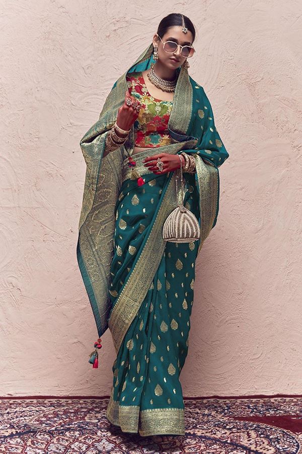 Picture of Amazing Teal Blue Colored Designer Saree