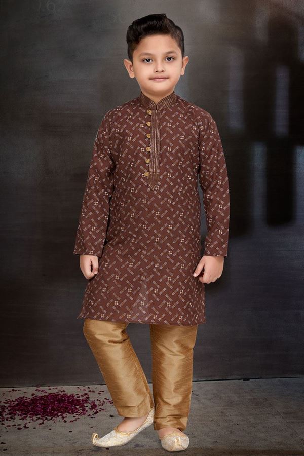 Picture of Majestic Coffee Colored Designer Kid’s Kurta Pajama Set