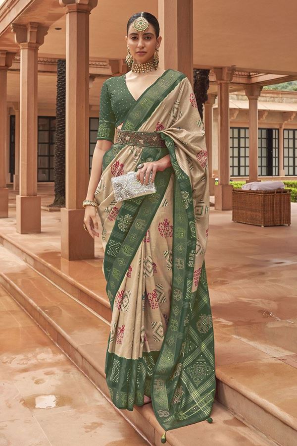 Picture of Attractive Cream and Green Colored Designer Saree