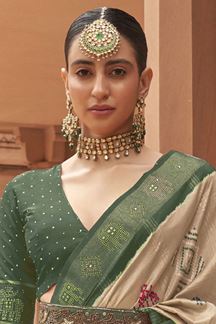 Picture of Attractive Cream and Green Colored Designer Saree