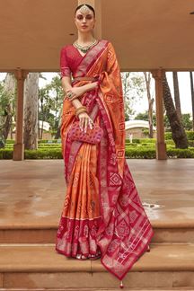 Picture of Enticing Orange and Pink Colored Designer Saree
