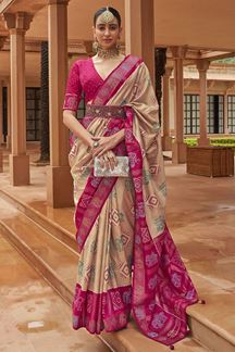 Picture of Beautiful Cream and Pink Colored Designer Saree