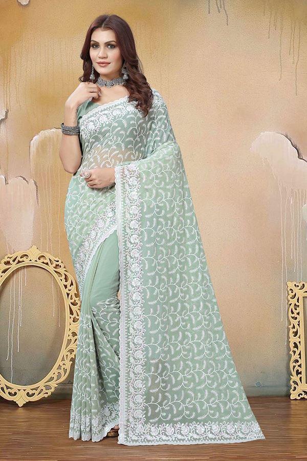 Picture of Flamboyant Dusty Pista Colored Designer Saree