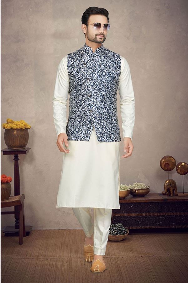 Picture of Royal Cream Colored Designer Kurta Pajama Set