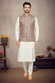 Picture of Vibrant Cream Colored Designer Kurta Pajama Set