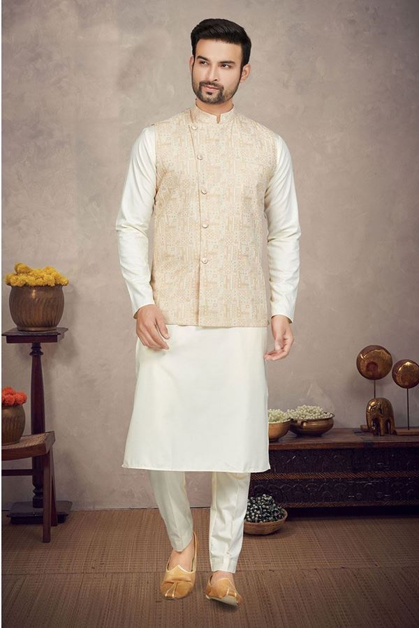 Picture of Amazing Cream Colored Designer Kurta Pajama Set