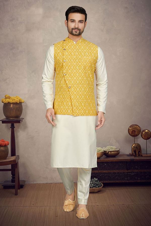 Picture of Impressive Cream Colored Designer Kurta Pajama Set