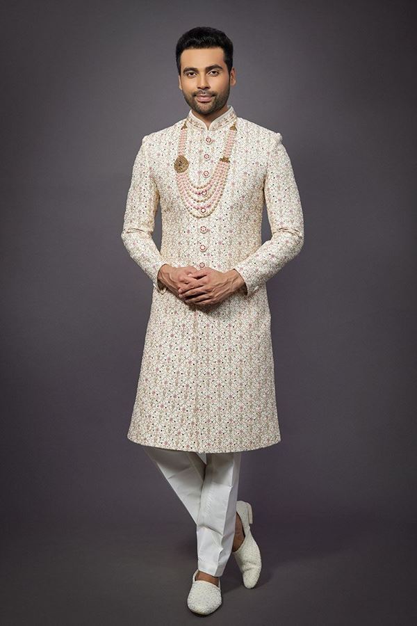 Picture of Awesome Cream Colored Designer Readymade Sherwani
