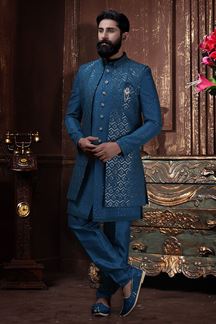 Picture of Splendid Navy Blue Colored Designer Readymade Sherwani