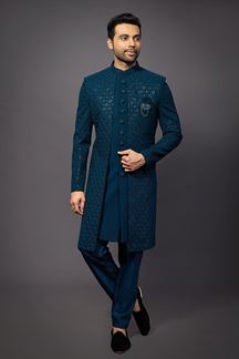 Picture of Classy Teal Blue Colored Designer Readymade Sherwani