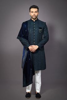Picture of Delightful Navy Blue Colored Designer Readymade Sherwani