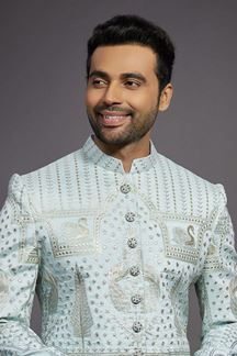 Picture of Attractive Light Blue Colored Designer Readymade Sherwani