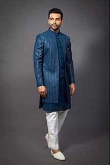 Picture of Marvelous Navy Blue Colored Designer Readymade Sherwani