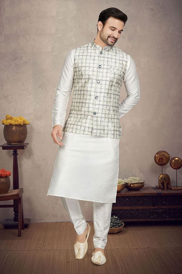 Picture of Delightful Cream Colored Designer Kurta Pajama Set