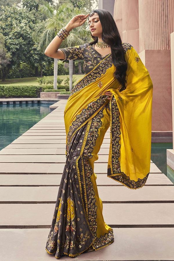 Picture of Smashing Yellow and Grey Colored Designer Saree