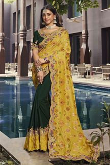 Picture of Ethnic Yellow and Bottle Green Colored Designer Saree