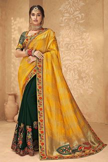 Picture of Enticing Yellow and Dark Green Colored Designer Saree
