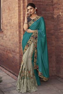 Picture of Beautiful Grey and Blue Colored Designer Saree