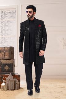 Picture of Fancy Black Colored Designer Readymade Indo-Western Sherwani