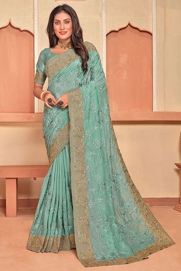 Picture of Alluring Sea Green Colored Designer Saree