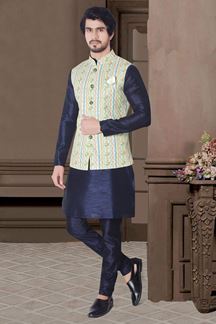 Picture of Attractive Navy Blue Colored Designer Readymade Kurta, Payjama with Jacket Sets