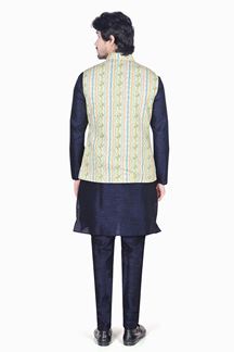 Picture of Attractive Navy Blue Colored Designer Readymade Kurta, Payjama with Jacket Sets