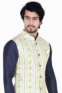 Picture of Attractive Navy Blue Colored Designer Readymade Kurta, Payjama with Jacket Sets