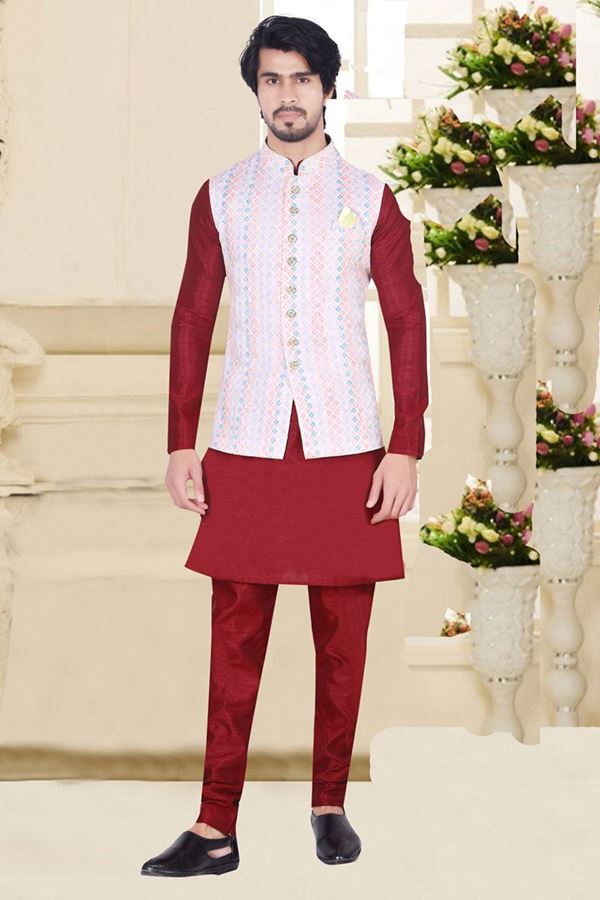 Picture of Dashing Maroon Colored Designer Readymade Kurta, Payjama with Jacket Sets