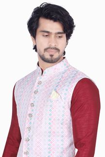 Picture of Dashing Maroon Colored Designer Readymade Kurta, Payjama with Jacket Sets