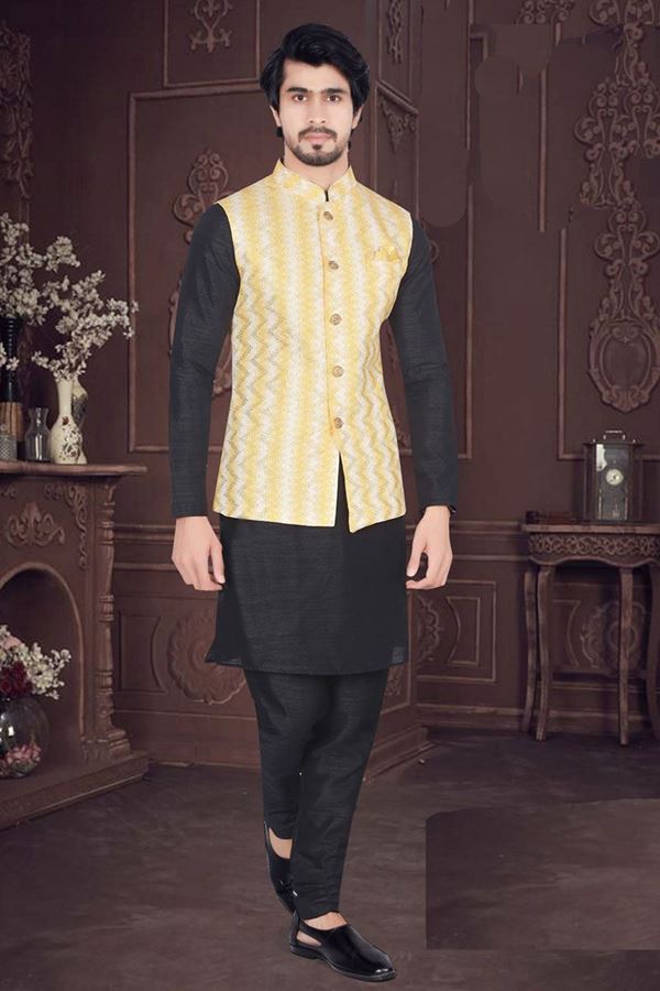 Picture of Elegant Black Colored Designer Readymade Kurta, Payjama with Jacket Sets