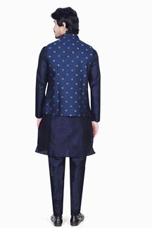 Picture of Fancy Navy Blue Colored Designer Readymade Kurta, Payjama with Jacket Sets