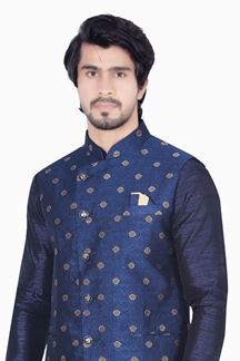 Picture of Fancy Navy Blue Colored Designer Readymade Kurta, Payjama with Jacket Sets