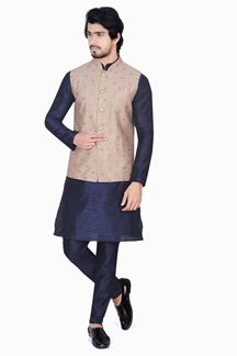 Picture of Marvelous Navy Blue Colored Designer Readymade Kurta, Payjama with Jacket Sets