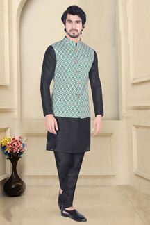 Picture of Appealing Black Colored Designer Readymade Kurta, Payjama with Jacket Sets