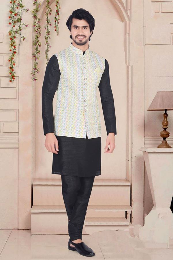 Picture of Majestic Black Colored Designer Readymade Kurta, Payjama with Jacket Sets