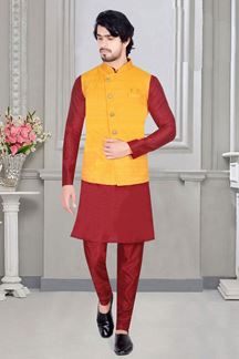 Picture of Classy Maroon Colored Designer Readymade Kurta, Payjama with Jacket Sets