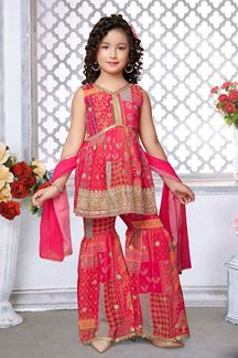 Picture of Exquisite Pink Colored Designer Kids Stitched Sharara Suit